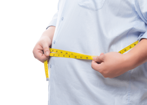 Fat man holding a measurement tape for check out his body, Png file