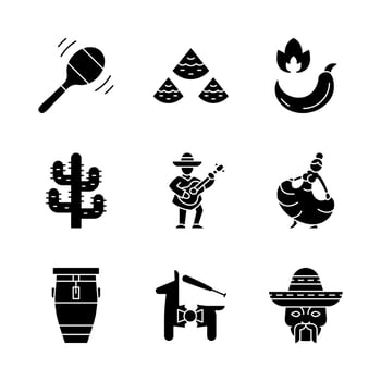 Mexican glyph icons set. Latin american national music, dance, food, nature, fun, people. Cinco de Mayo festival. Silhouette symbols. Vector isolated illustration