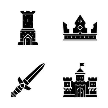 Medieval glyph icons set. Castle tower, king crown, metal sword, lord castle. Silhouette symbols. Vector isolated illustration