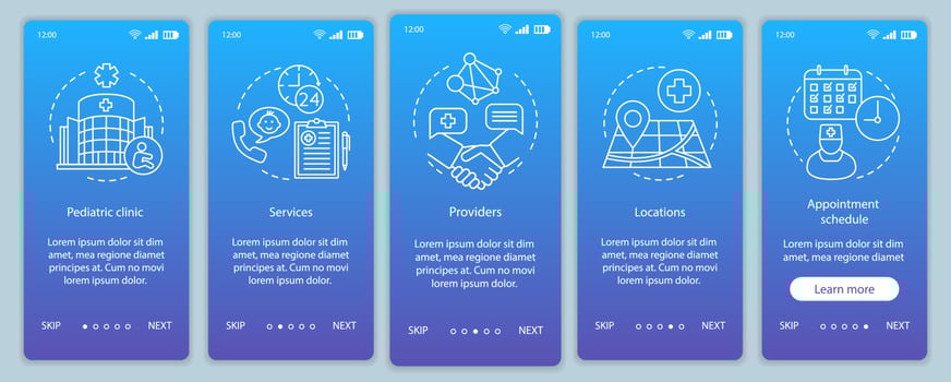 Pediatric clinic onboarding mobile app page screen vector template. Services, providers, appointment schedule. Walkthrough website steps with linear icons. UX, UI, GUI smartphone interface concept