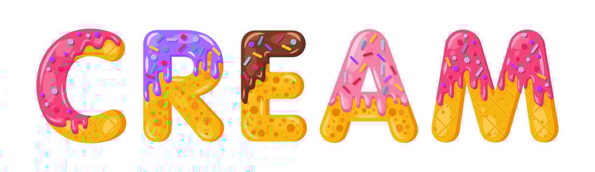 Donut cartoon cream biscuit bold font style. Glazed capital letters. Tempting flat design typography. Cookies, chocolate letters. White background. Pastry, bakery, waffle isolated vector clipart