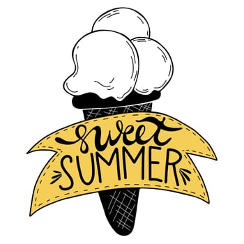 Ice cream with lettering sweet summer. Hand drawn vector illustration in doodle style. Outline drawing with inscription for summer design and decor