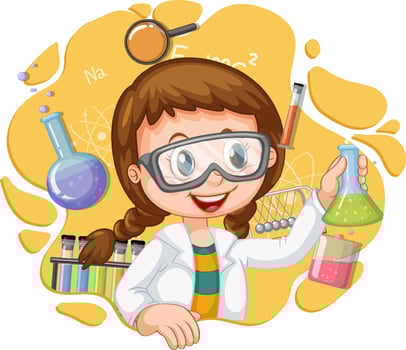 Scientist girl cartoon character with laboratory equipments vector