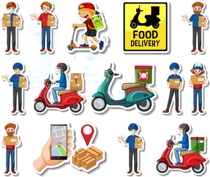 Sticker set of delivery objects and cartoon characters vector