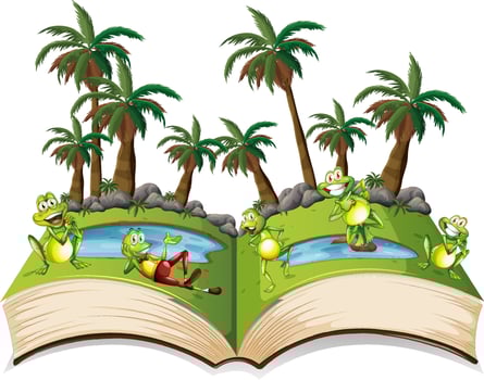 Storybook with frogs by the pond vector