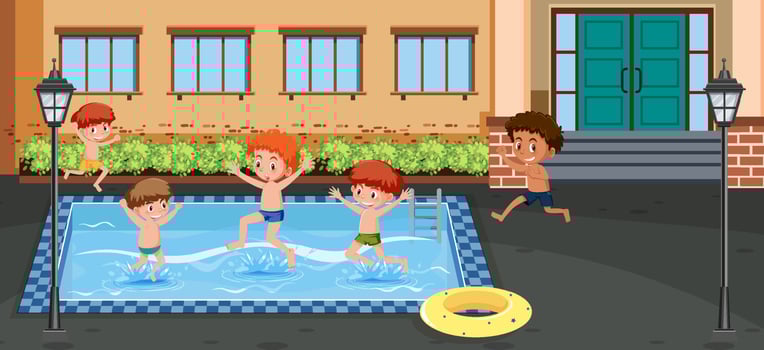 Outdoor swimming pool scene with children vector