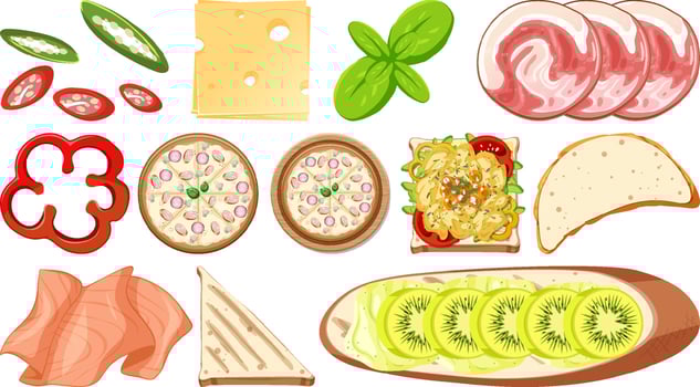 Collection of food ingredients on white background vector