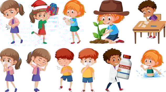 Set of children doing different activities on white background vector