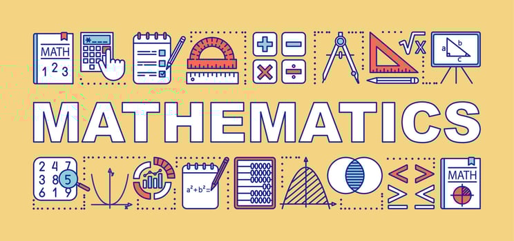 Mathematics word concepts banner. Presentation, website. Isolated lettering typography idea with linear icons. Algebra, geometry, statistics, basic maths. Vector outline illustration