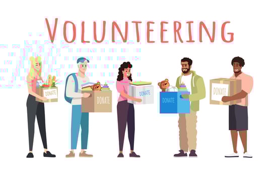 Volunteering and donations vector banner template. Cheerful people donating toys for children cartoon characters. Young volunteers holding boxes with grocery products. Charity organization members