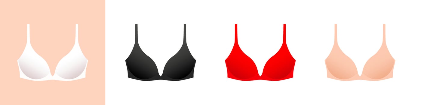 Colored female bras mockup collection. Red lingerie with an elegant black design. Modern sexy style of beige textile clothing with beautiful vector shapes