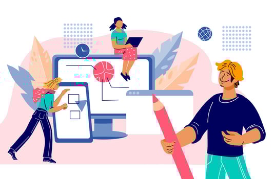 Online education and elearning, webinar banner with people characters using various gadgets for professional skills developing. Internet technology for distance education. Flat vector illustration.