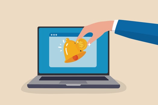 Subscription business model, customer subscribe online service and pay recurring price, membership payment to use software on content concept, customer hand put coin on subscription bell on laptop. vector