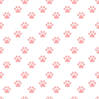 Pink cute footprint of paws cat or dog pet flat vector icon seamless pattern.