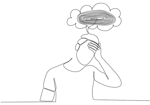 Continuous line drawing of young man feeling sad, tired and worried suffering from depression in mental health vector illustration