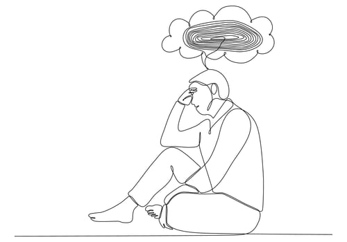 Continuous line drawing of young man feeling sad, tired and worried suffering from depression in mental health vector illustration