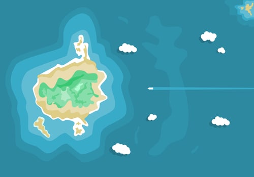 Island in blue ocean sea with tourist boat in summer season top view flat vector. vector