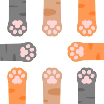 Cute foot paws up cat pet leg stretch on brown background flat vector icon seamless pattern design.