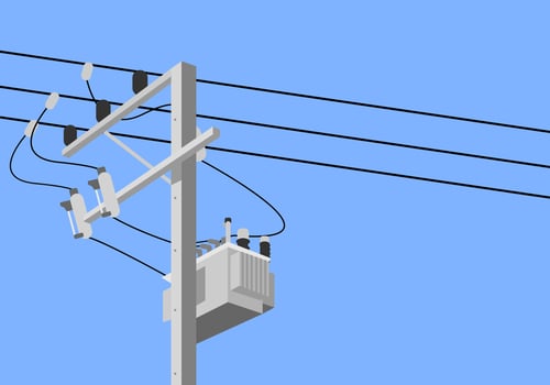 Cement high voltage electric pole with transformer and drop fuse on blue background flat vector design.