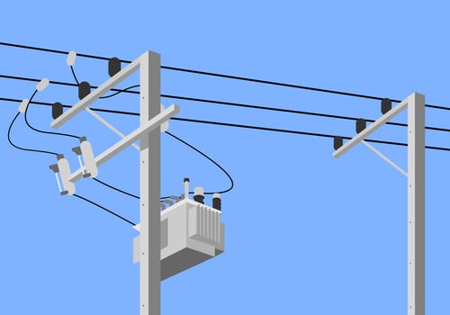 Cement high voltage electric pole with transformer and drop fuse on blue background flat vector design.