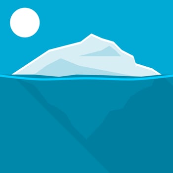 Iceberg or ice mountain floating on blue ocean sea with sun flat vector design.