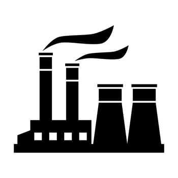 Industrial factory or power plant powerhouse with pollution smoke black icon flat vector design.