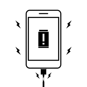 Broken damaged smartphone charger cable short circuit with sparks on white background black icon outline vector. vector