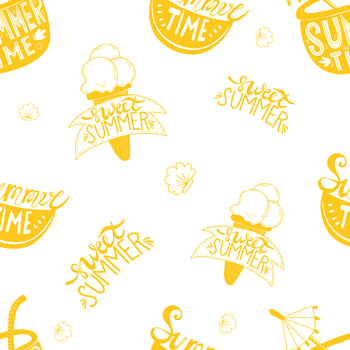 Seamless summer pattern. slice of watermelon and cocktail with inscription summer time and ice cream with sweet summer lettering on white background with seashells. Vector illustration for design