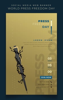 Banner template design in portrait gold background with pen for world press freedom day design vector
