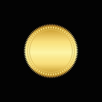 Round golden badge isolated on a Black background, seal stamp gold luxury elegant banner con, Vector illustration certificate gold foil seal or medal isolated.
