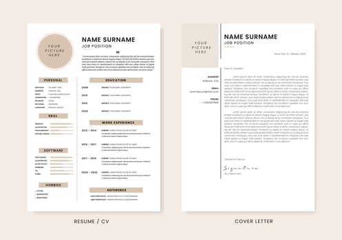 Minimalis CV Resume and Cover Letter Design Template. Super Clean and Clear Professional Modern Design. Stylish Minimalis Elements and Icons with Soft Brown Color - Vector Template.
