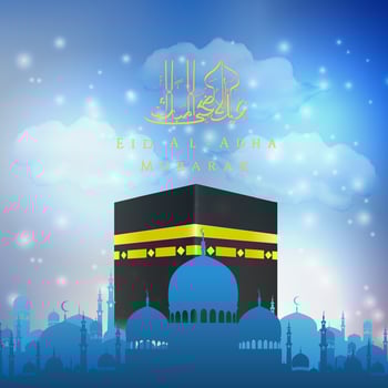 Eid Al Adha mubarak with Hajj Kaaba and Mosque vector