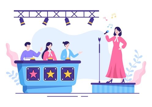 Talent Show with Contestants Displaying their Skill on Stage or Podium in Front of Judges Judging them in Cartoon Illustration vector