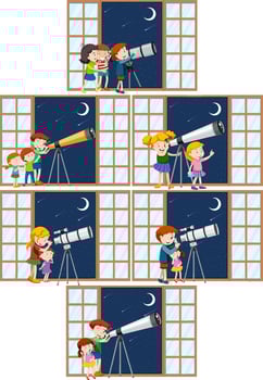 Set of different kids observe night sky with telescope vector