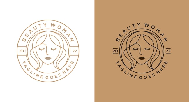 beauty woman long hair logo for salon or cosmetic product with line art style and badge emblem design vector
