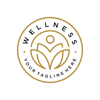 Wellness Logo with lotus and People badge icon design template vector