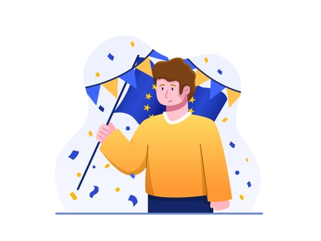 People Celebrate Europe Day with Holding Europe Flag, balloon and confetti with European flag color. Can be used for greeting card, postcard, banner, poster, social media, web, etc. vector