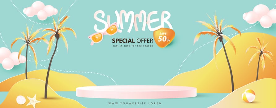 Summer sale banner template for promotion with product display cylindrical shape and beach background vector
