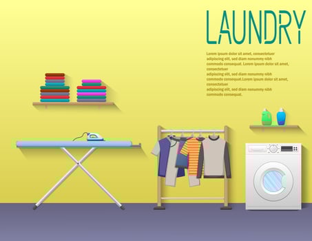 Laundry room illustration with washing machine, ironing board, clothes rack vector