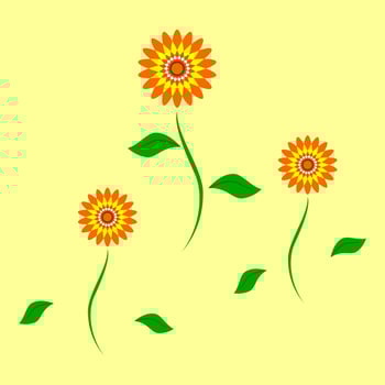 Three flying sunflowers illustration, yellow background vector