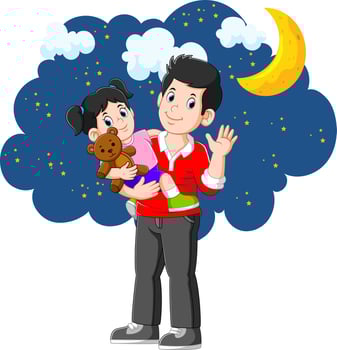 Cute girl is going to bed with his father vector