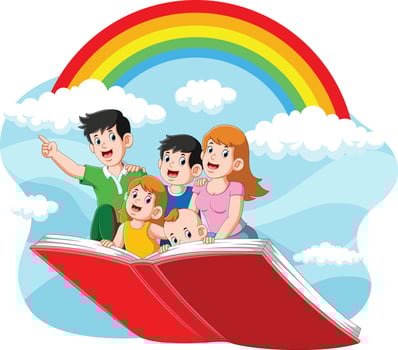 Happy family flying with their book on the beautiful sky vector