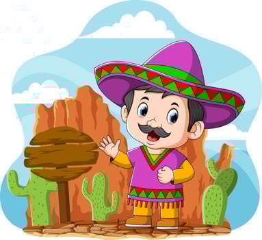 The mexican uncle standing near the road sign and the cactus vector