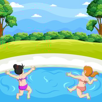 Two children are playing together in the pond vector