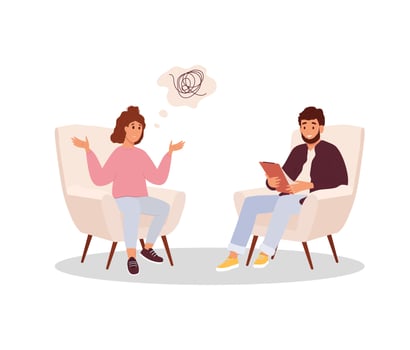 Couching session or psychoanalysis session. Psychiatry doctor. Emotional support concept. Vector illustration