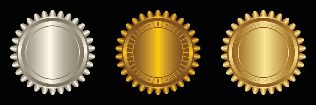 Set vector round golden and silver badge isolated, seal stamp gold luxury elegant banner icon, Vector illustration certificate silver foil seal or medal isolated.