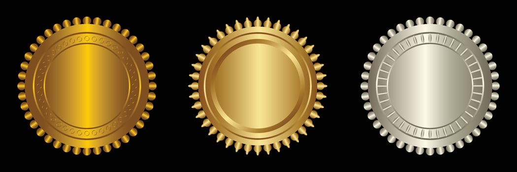 Set vector round golden and silver badge isolated, seal stamp gold luxury elegant banner icon, Vector illustration certificate silver foil seal or medal isolated.
