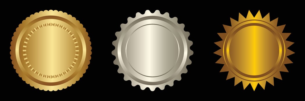 Set vector round golden and silver badge isolated, seal stamp gold luxury elegant banner icon, Vector illustration certificate silver foil seal or medal isolated.