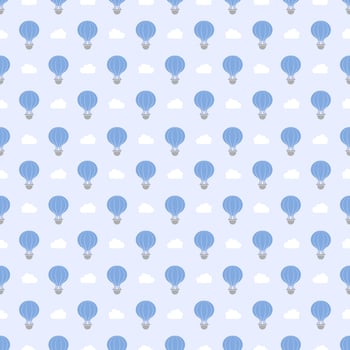 A vector pattern that is seamless A blue air hot balloon is displayed on a soft blue background.