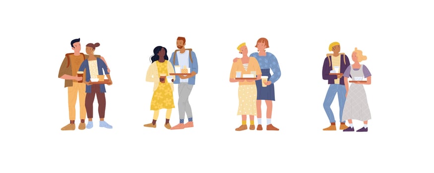 Friends, lovers, lesbians, romantic couples standing together, keeping food trays. Coffee break. vector